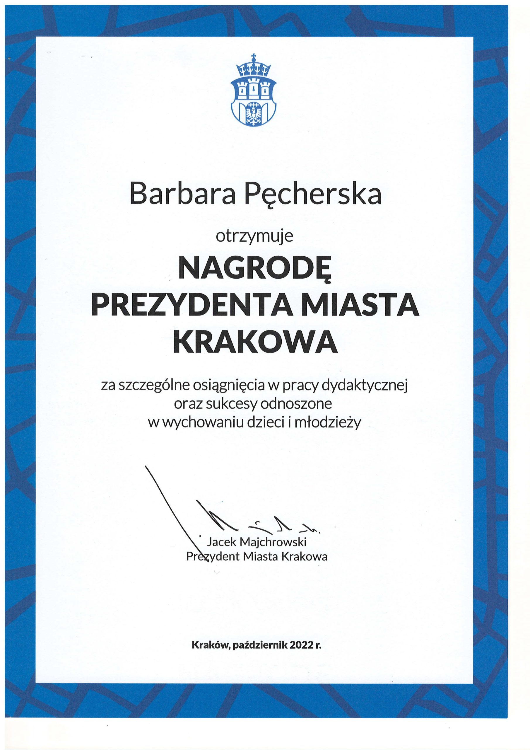dyplom nagrody prezydenta